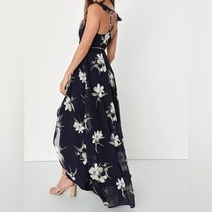 Lulus All Mine Navy Blue Floral Print High-Low Wrap Dress